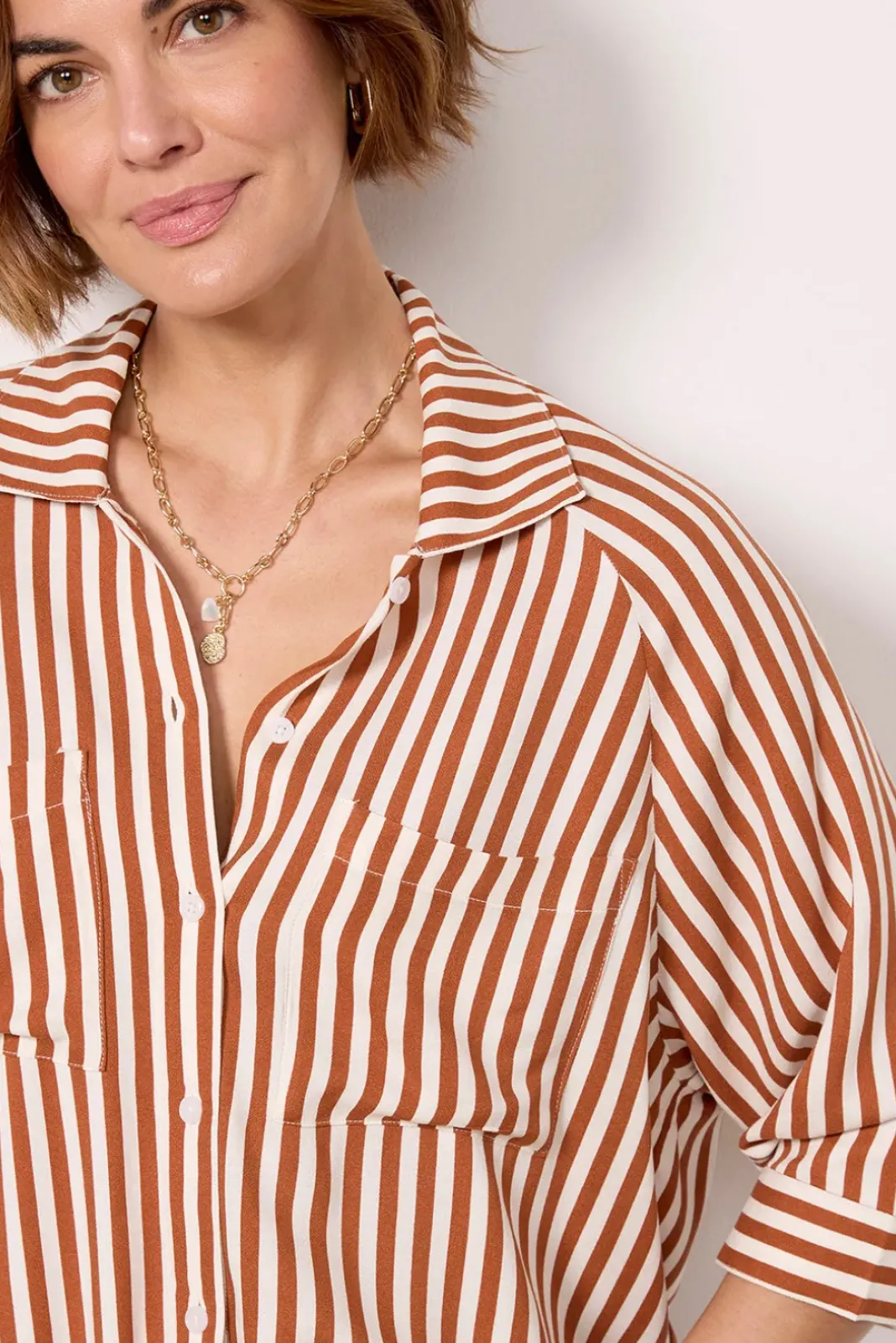 Tops & Tees<LNA Alpine Drawstring Button Down Rust/Ivorystripe
