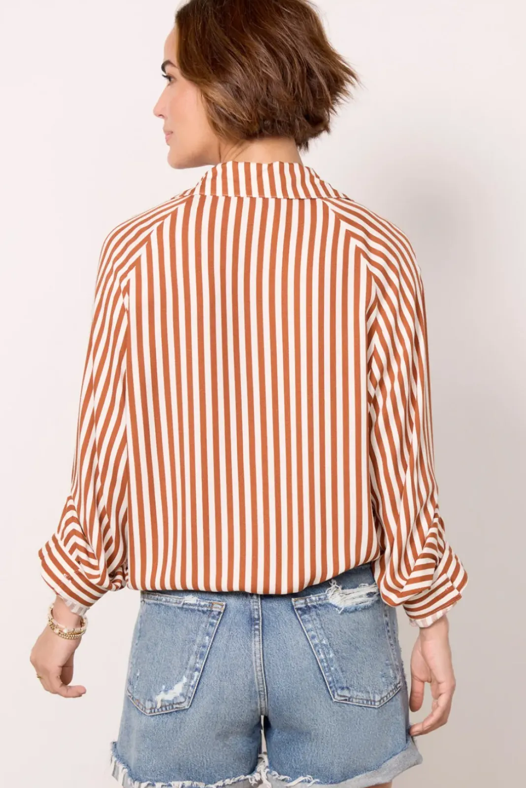 Tops & Tees<LNA Alpine Drawstring Button Down Rust/Ivorystripe