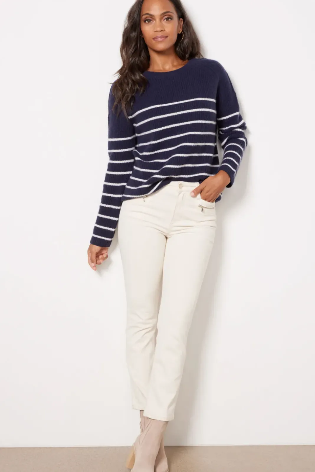 Sweaters<EVEREVE Campbell Cashmere Stripe Pullover Navy/Whitestripe