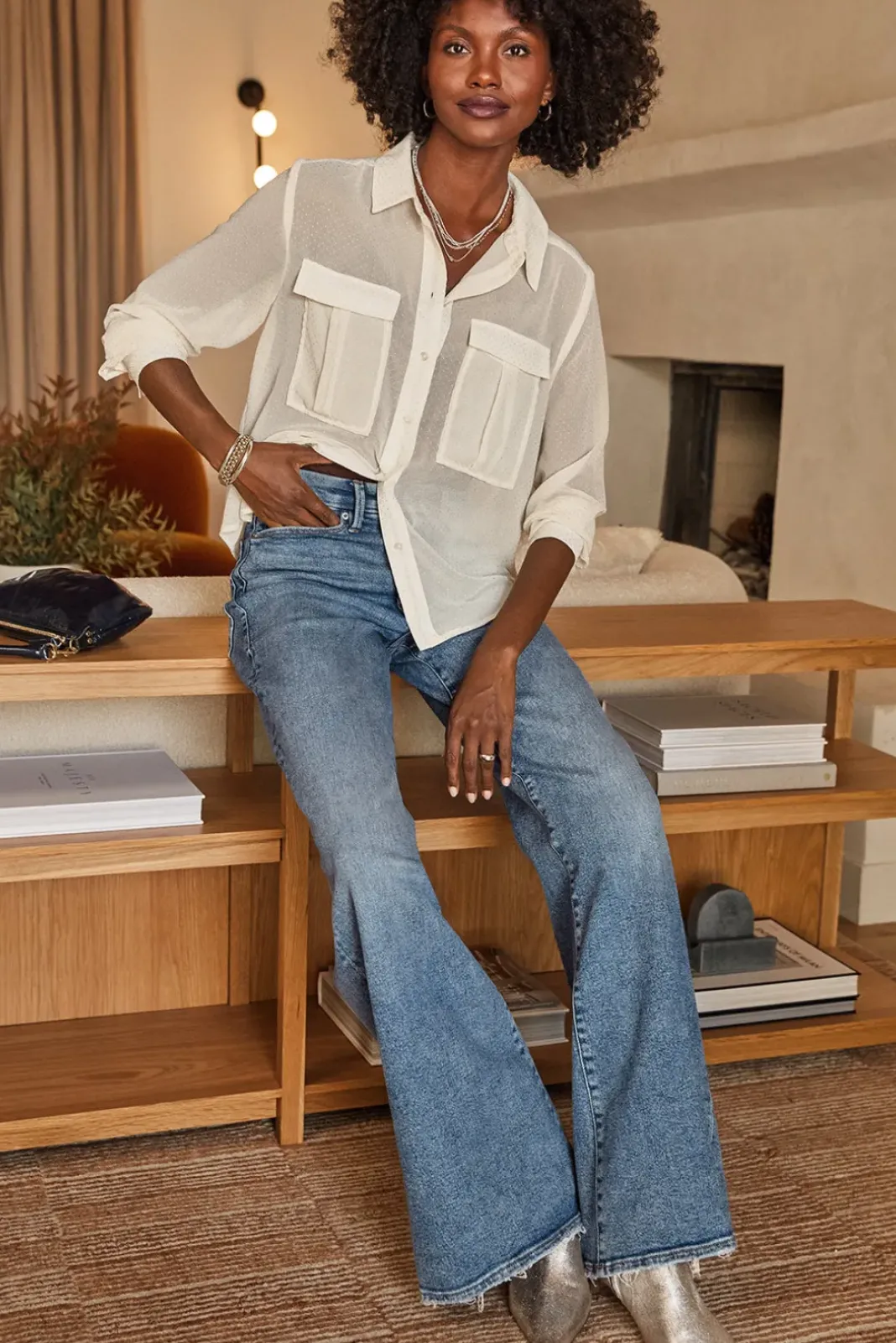 Tops & Tees<EVEREVE Charlie Sheer Dot Shirt Ivory/Silver