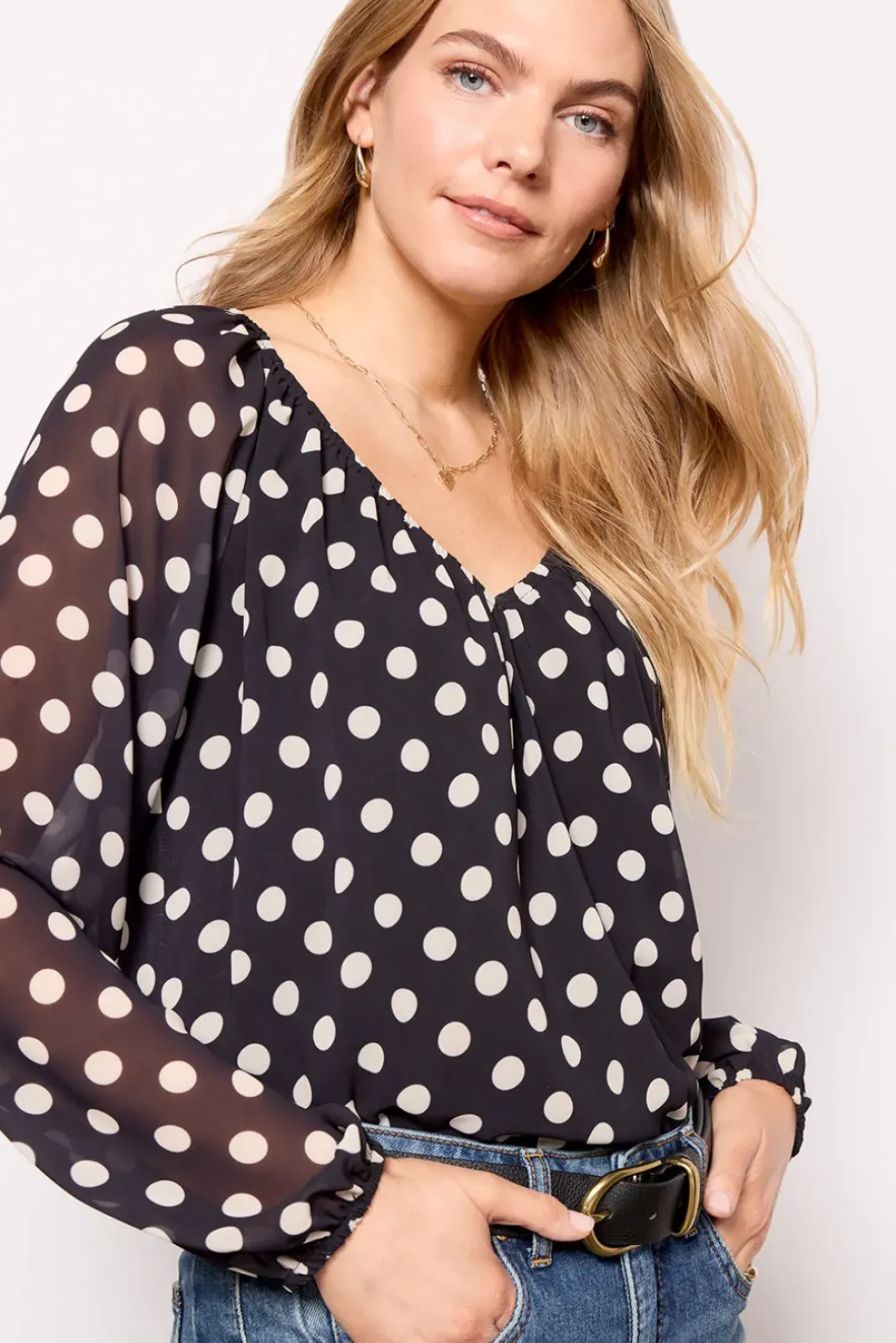 Tops & Tees<EVEREVE Eloise Polka Dot Chiffon Blouse Black/White
