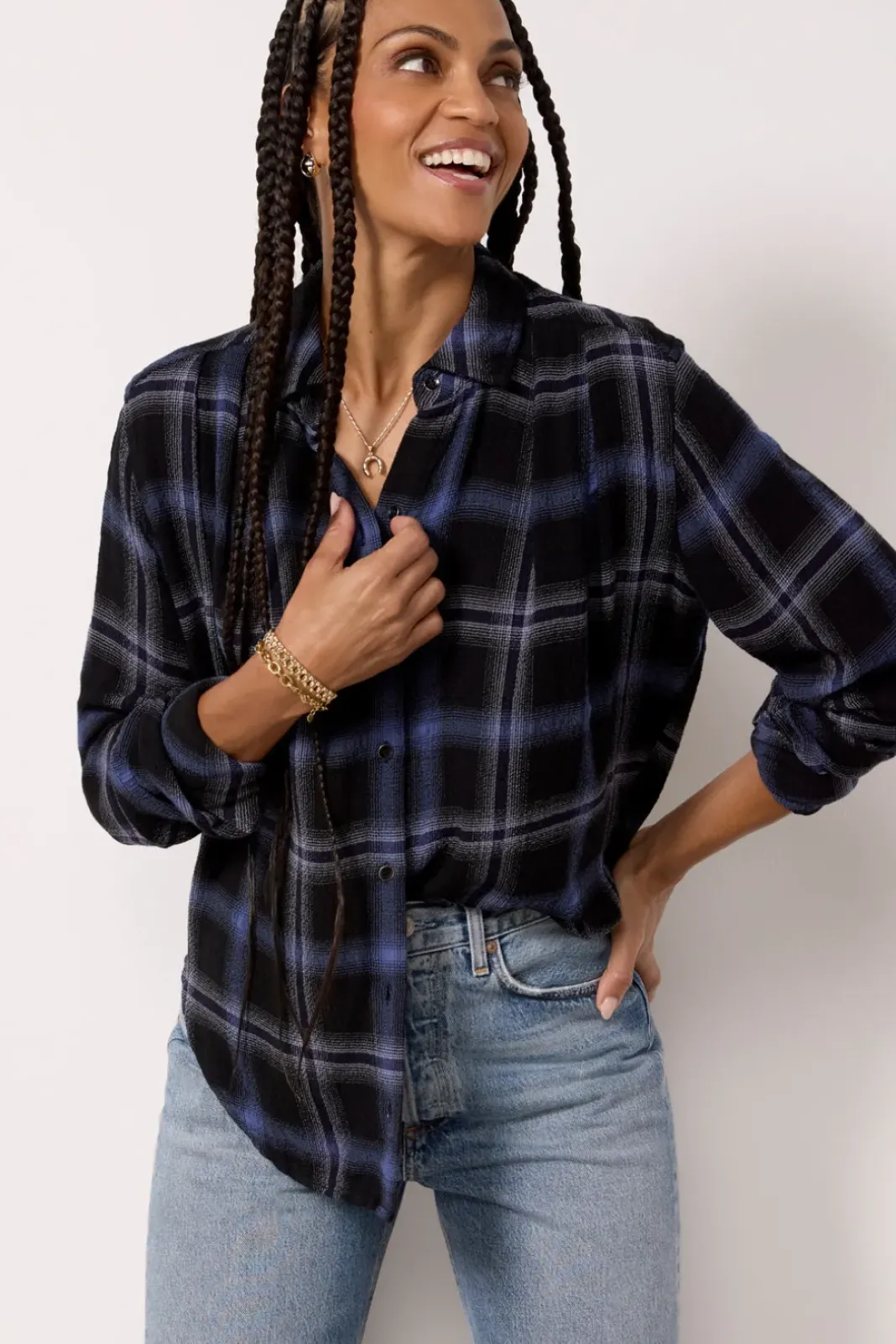 Tops & Tees<CLOTH AND STONE Pucker Plaid Shirt Eveningskyplaid