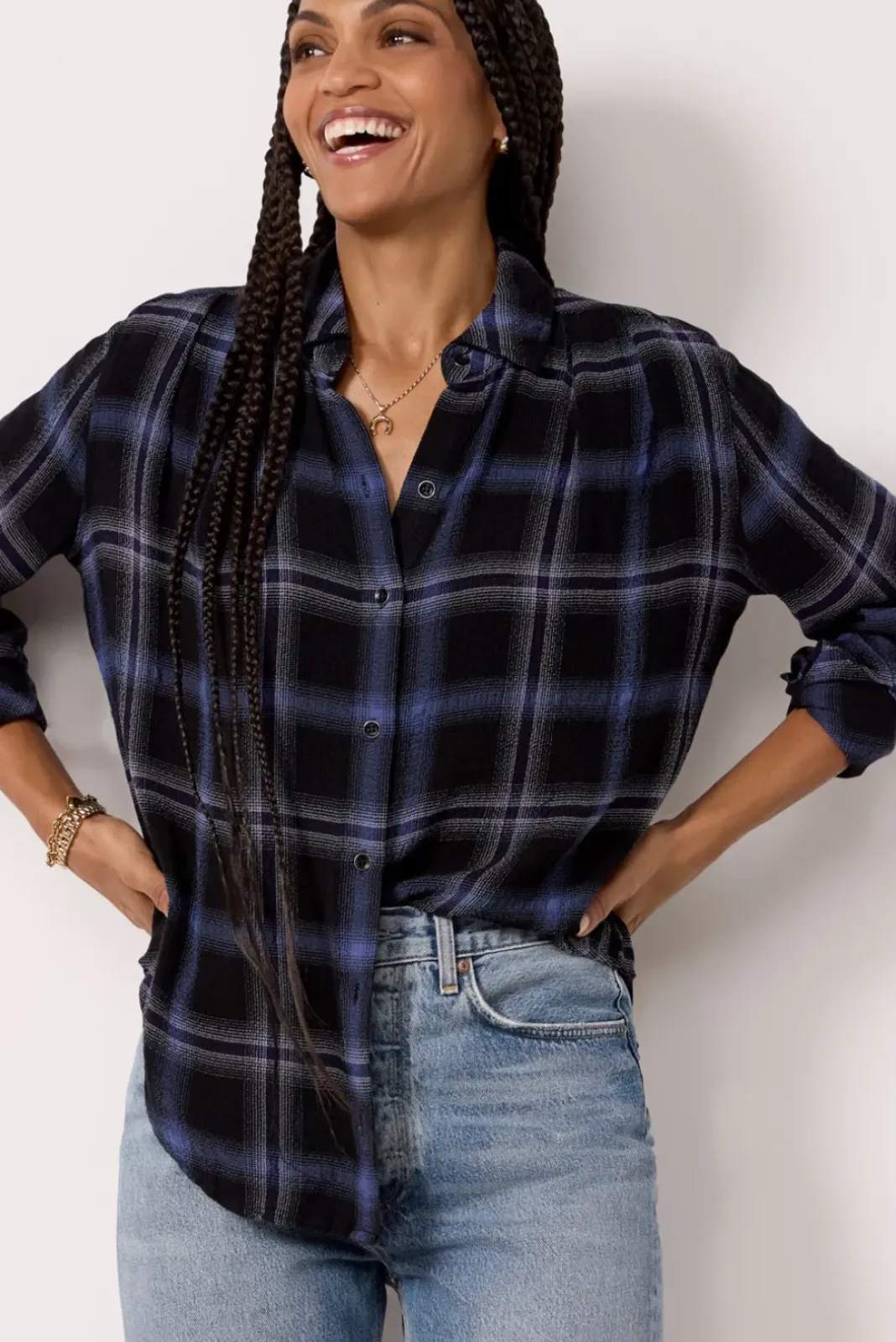 Tops & Tees<CLOTH AND STONE Pucker Plaid Shirt Eveningskyplaid