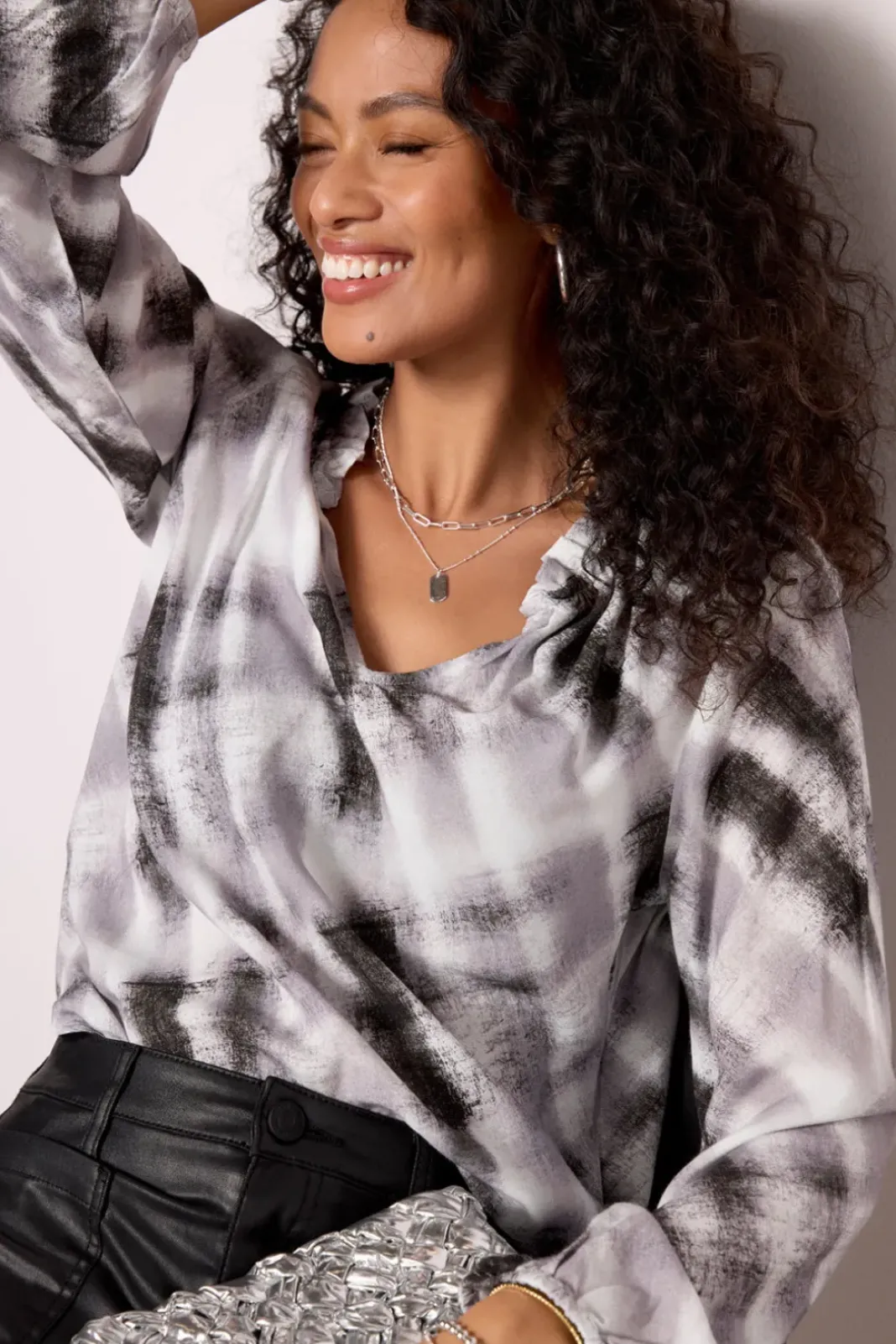 Tops & Tees<CLOTH AND STONE Ruffle Neck Blouse Frostygreyplaid