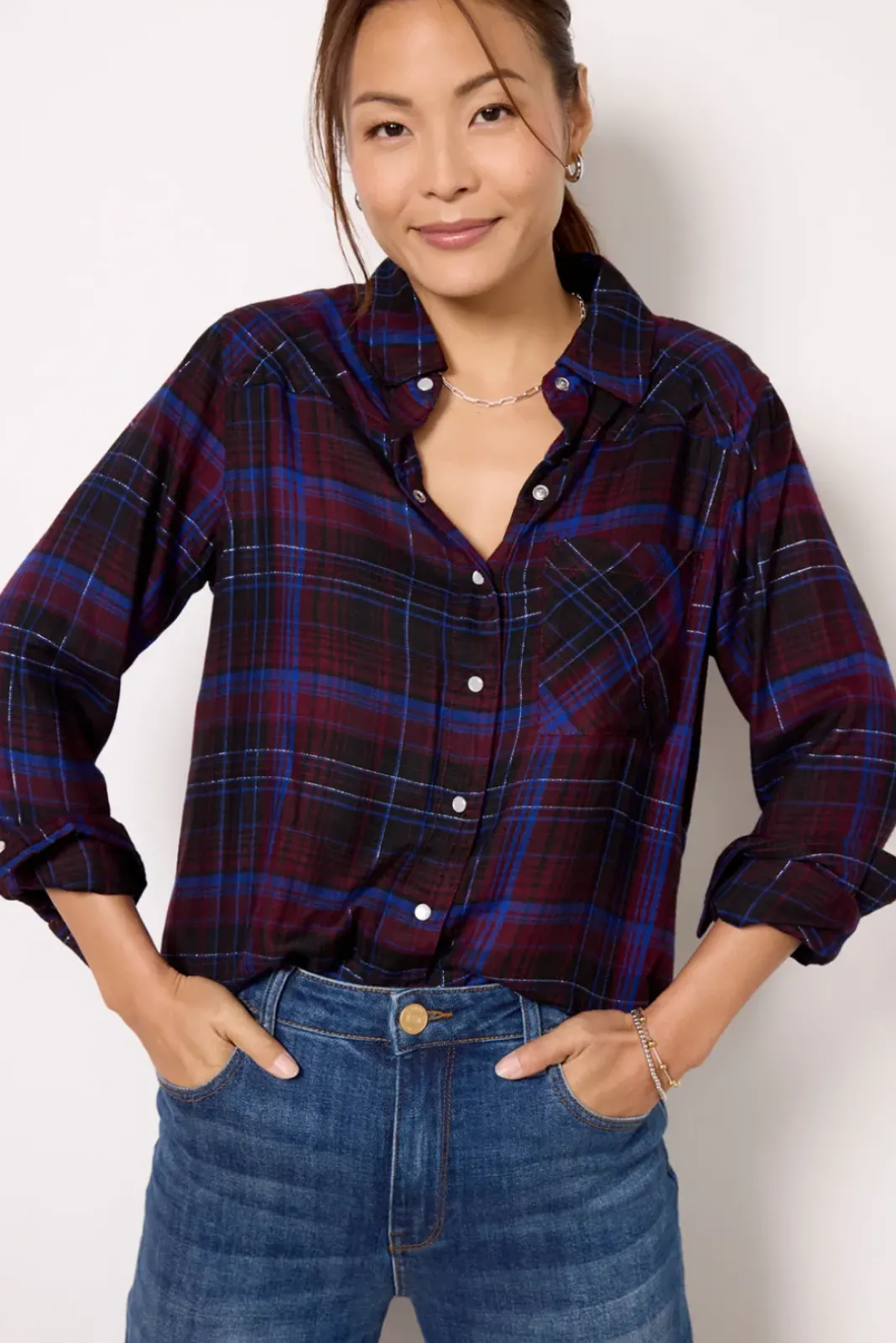 Tops & Tees<EVEREVE Zuri Plaid Button Down Grey/Cobalt